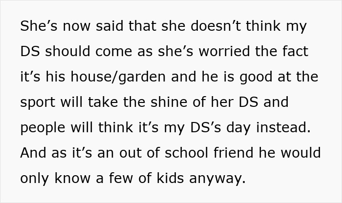 Text discussing a mom's concern about her son outshining at a free birthday venue.