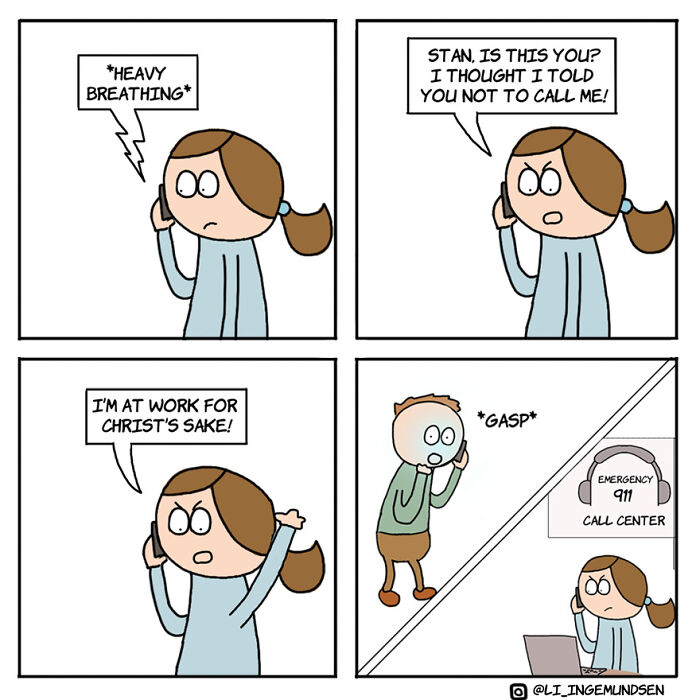 Comic strip showing a woman receiving a heavy breathing call, anger, and a dark twist ending at an emergency call center.