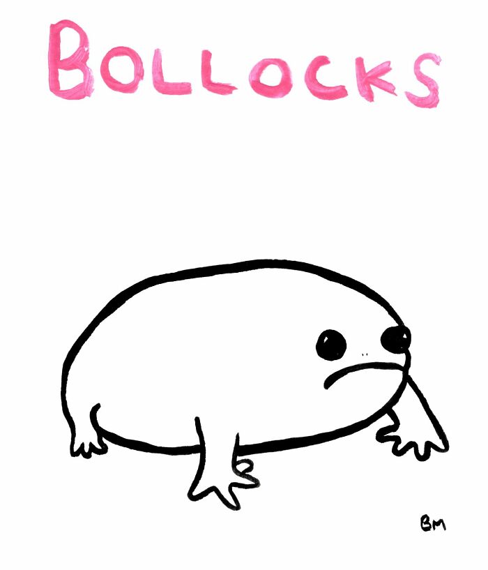 Sad cartoon animal with "Bollocks" written above, part of Billy Murphy's animal drawings series.