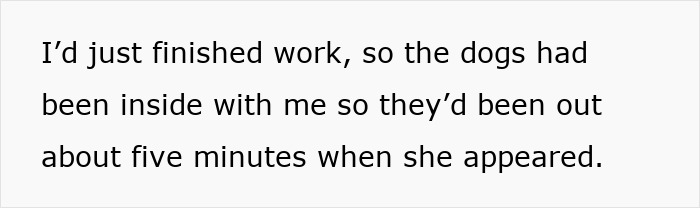 Text image about a woman discussing her dogs being outside briefly when a neighbor appeared.