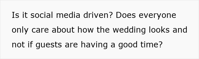 Text asking if weddings are social media driven and if new generations have ruined the joy of weddings and guests' experiences.