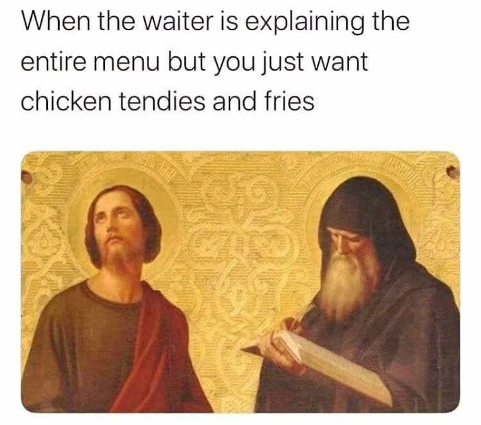 Meme showing a classical painting with text about ignoring a lengthy menu, funny memes to block noise around you.