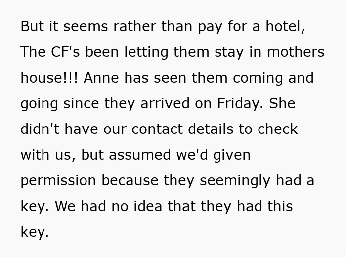 Text on a background detailing unauthorized stay in a mother's house by neighbors, causing disturbance.