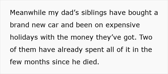 Text excerpt showing family members spending inherited estate money on luxury items after father’s death, causing guilt. Text excerpt showing family members spending inherited estate money on luxury items after father’s death, causing guilt.