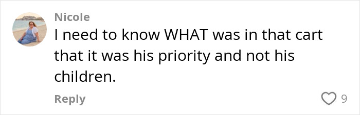 Comment questioning father's priorities after losing baby at store, highlighting his response prioritizing a cart.