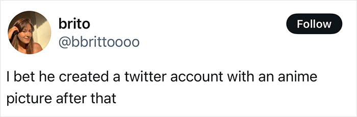 Tweet from user brito stating a guess about someone creating a Twitter account with an anime picture after an incident. Tweet from user brito stating a guess about someone creating a Twitter account with an anime picture after an incident.