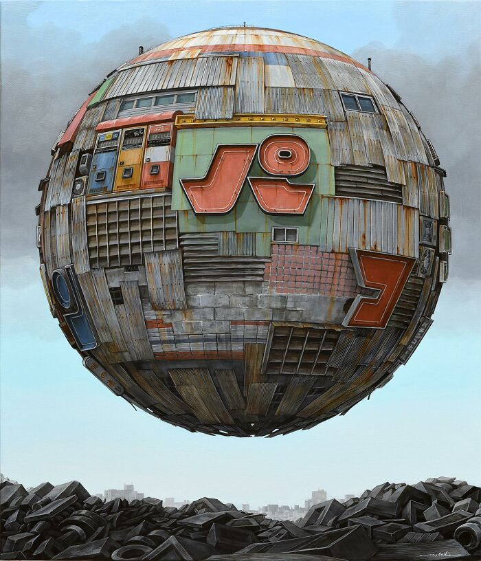 Surreal floating sphere made of rusted metal and urban structures, representing post-apocalyptic cityscape art.