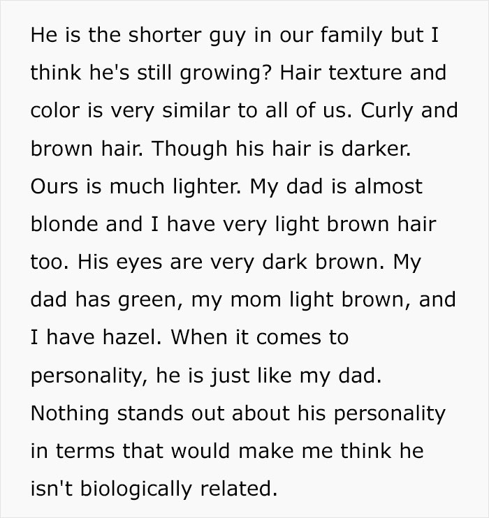 Text description discussing family traits and DNA results, focusing on hair color, eye color, and personality similarities.