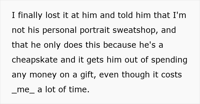 Text expressing frustration about being used for portrait art instead of AI as a cost-saving measure.