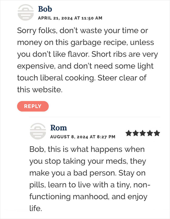 Comments on a recipe fail; Bob criticizes short ribs, Rom replies harshly.