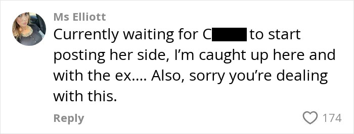 Comment from Ms. Elliott about relationship drama, expressing support and curiosity about the developing situation.