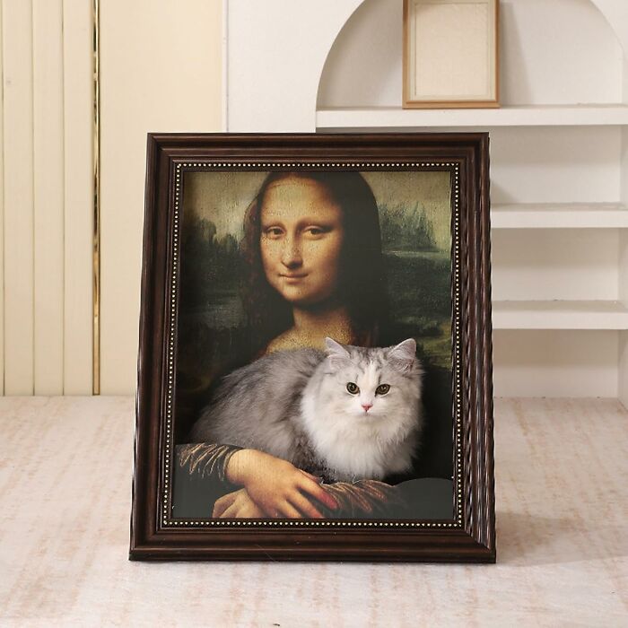 Framed Mona Lisa with a cat's body merged in, creating a weird visual twist.