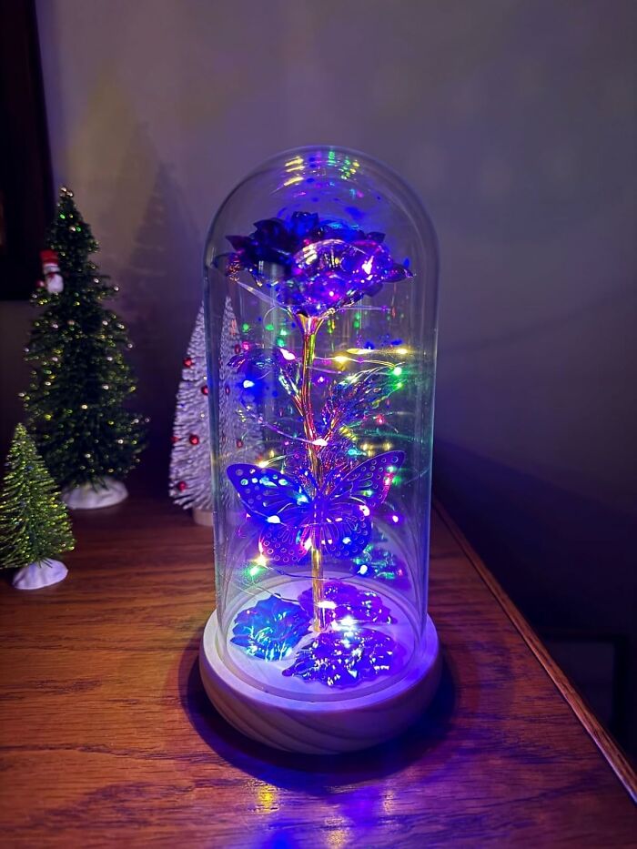 Decorative LED lighted flower and butterfly in glass dome, a unique last minute Mother's Day gift idea.