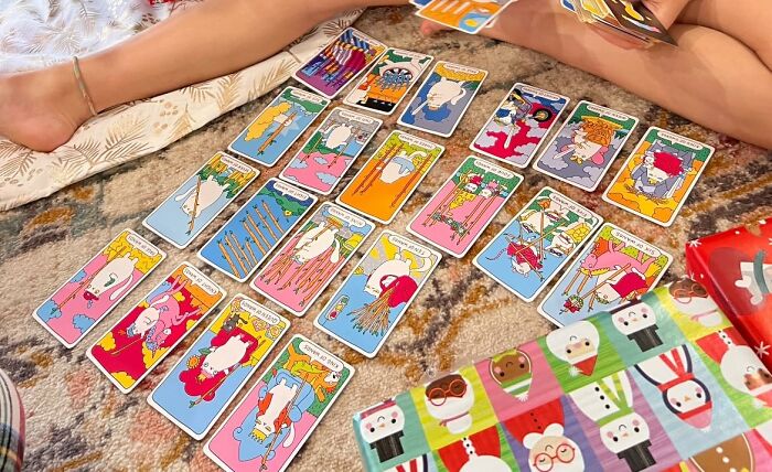 Tarot cards spread on a rug, perfect treat ideas to fill your own Easter basket.