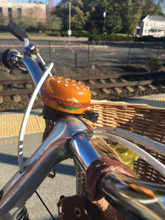 Bike with a hamburger-shaped bell, highlighting a ridiculous find over the usual meme scroll.