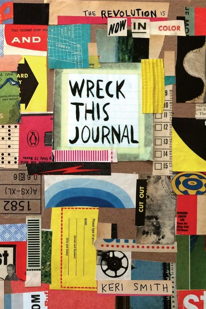 Colorful collage with "Wreck This Journal" text, featuring vibrant, artistic elements for creative expression.