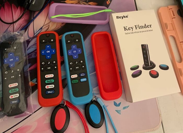 Key finders and remote controls with colored covers, perfect backup essentials for solo living.