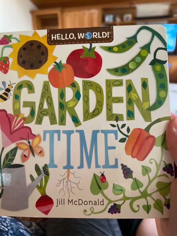 Children's book cover with colorful vegetables and "Garden Time" text.