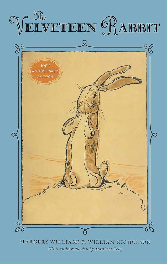 The Velveteen Rabbit book cover featuring a sketch of a seated rabbit.