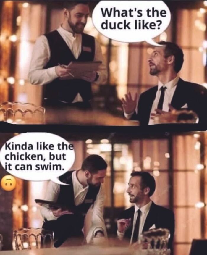 Man in suit and waiter sharing a hilariously silly joke about ducks and chickens in a restaurant setting.