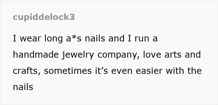 Gen Z woman's text about long nails and patriarchy, mentioning handmade jewelry and arts and crafts. Gen Z woman's text about long nails and patriarchy, mentioning handmade jewelry and arts and crafts.