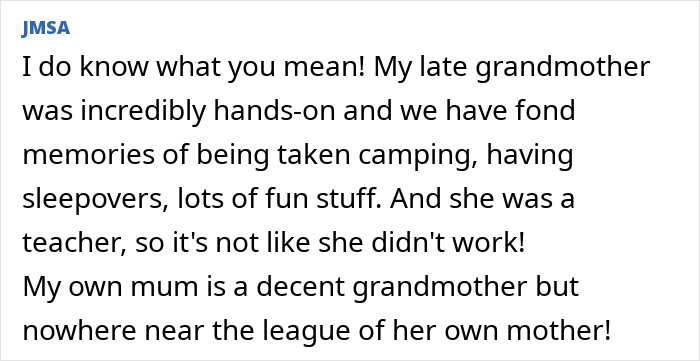 Text discussing modern grandparenting double standards, sharing memories of a hands-on grandmother compared to the current generation.