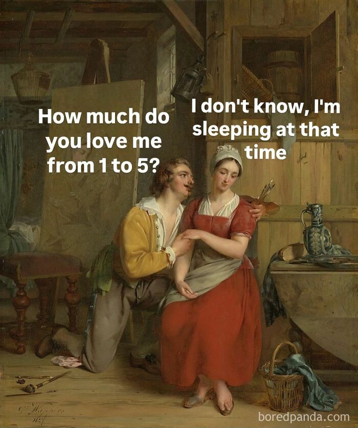 Classical art painting with modern humor meme showing a man asking love level and woman replying about sleeping time.