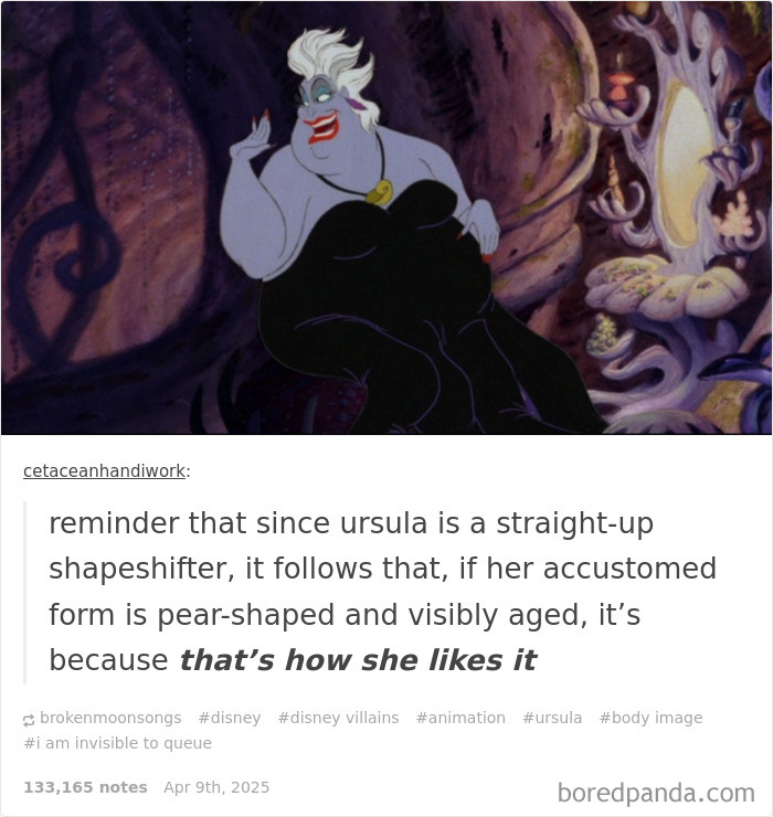 Ursula meme showcasing millennial humor with witty caption about her shape-shifting preferences.