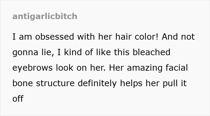 Comment about Jenna Ortega's new face change and eyebrow look, mentioning hair color and bone structure.