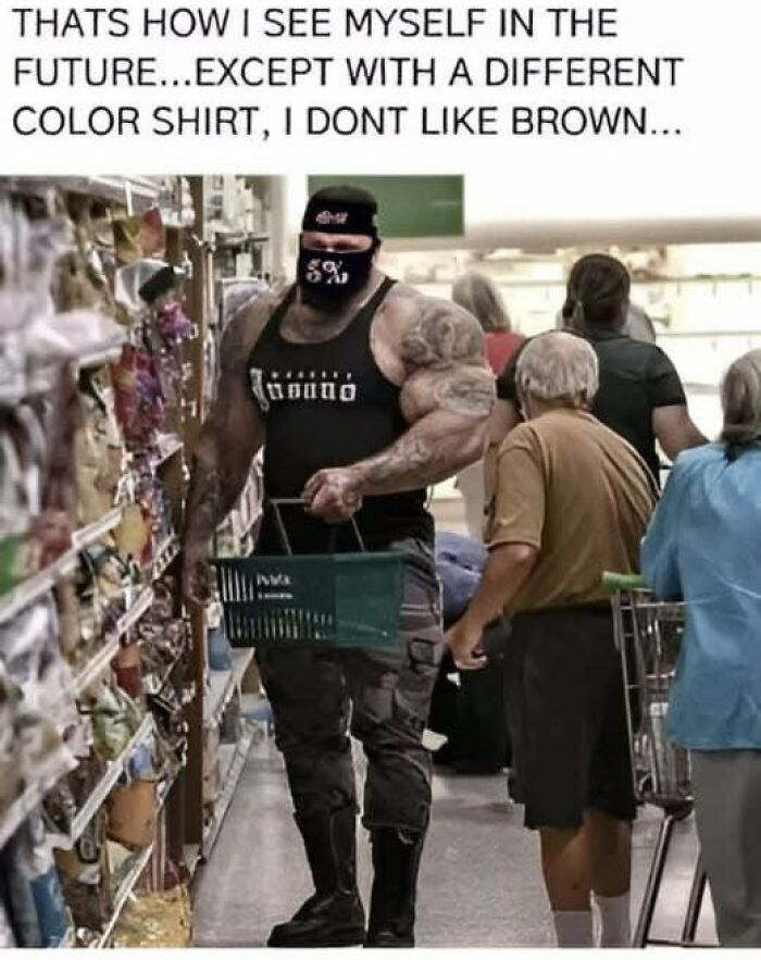 Muscular man wearing a mask and tank top shopping in a store aisle, humorous meme for funny memes keyword.
