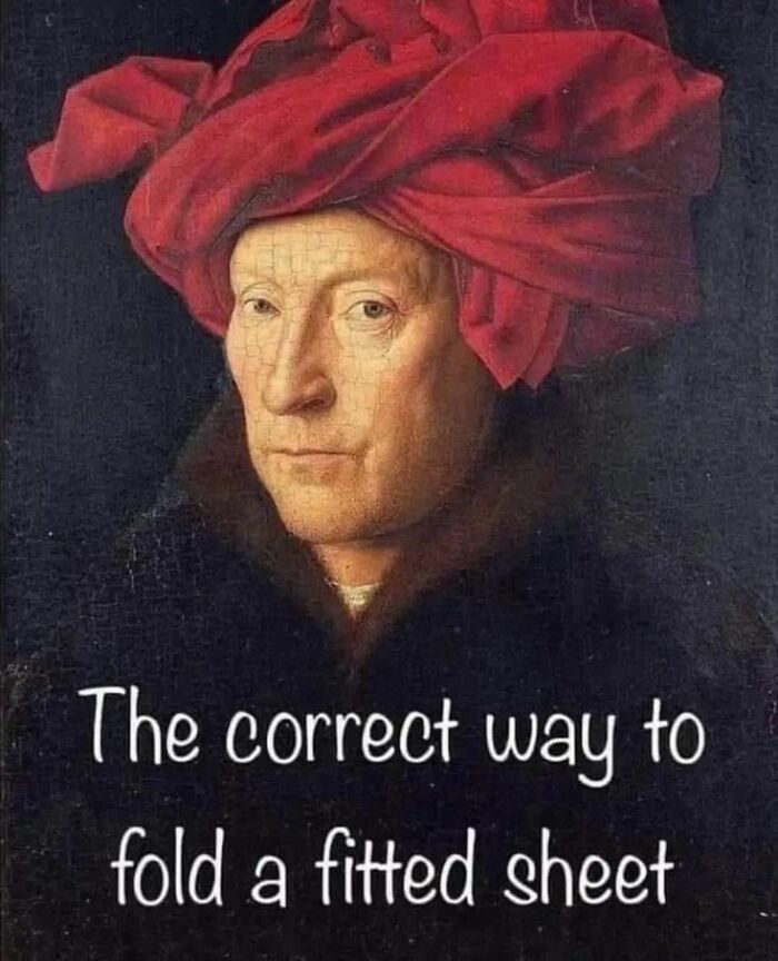 Classical art meme featuring a man in a red turban humorously illustrating modern humor with classical art.