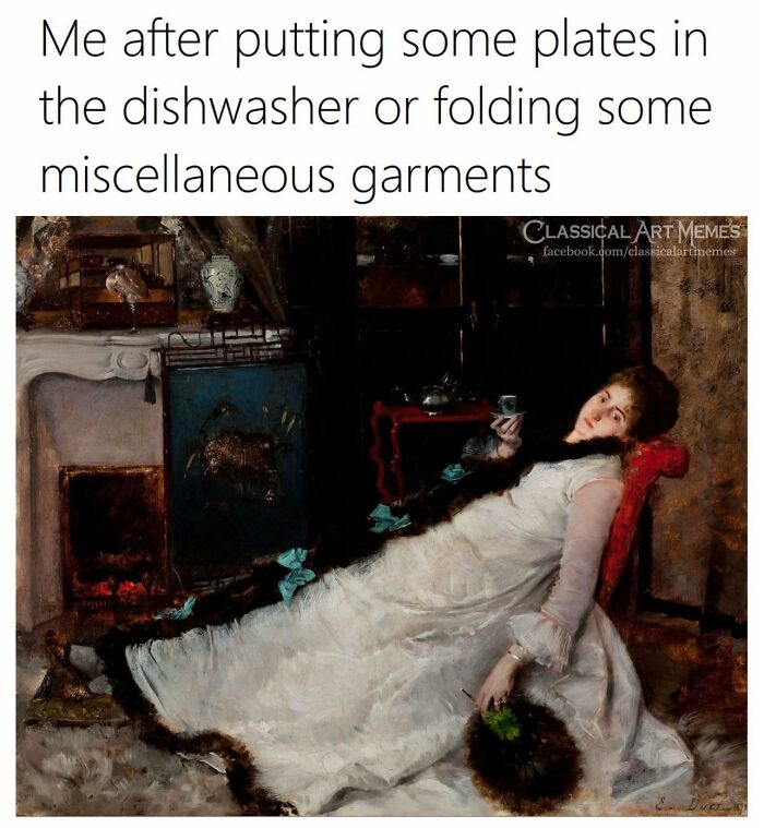 Woman in a classical painting reclining with a cup, used in art memes with petty energy for daily mental breakdown relief.