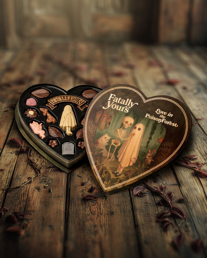 Heart-shaped box with chocolates, featuring a whimsical spooky design, surrounded by autumn leaves on wooden floor.