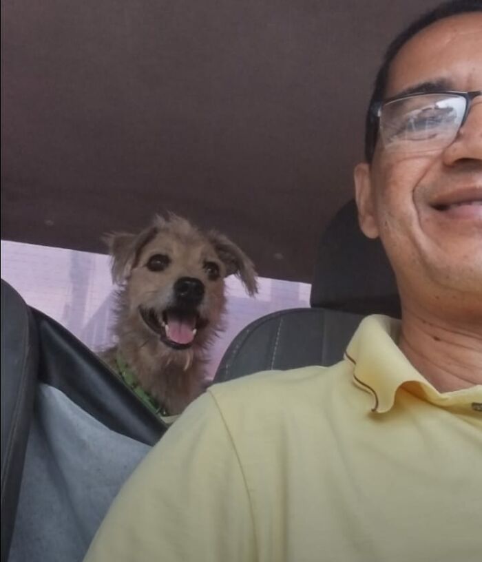 Selfie with a happy dog in the backseat of a pet taxi. A man in a yellow shirt smiles in the front seat.