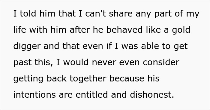 Text from a woman about ending a relationship due to dishonest intentions, mentioning "gold digger" behavior.
