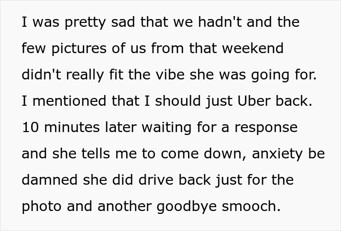 Text exchange about a long-distance girlfriend, highlighting feelings of sadness and an Uber ride back.