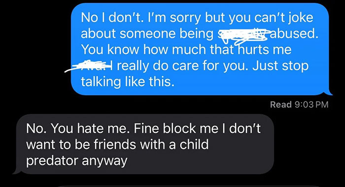 Text conversation highlighting accusations affecting friendship over basic hygiene.