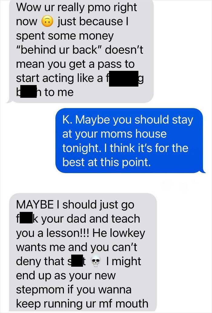 Text exchange depicting a confrontation, highlighting a woman's perception of entitlement versus reality.