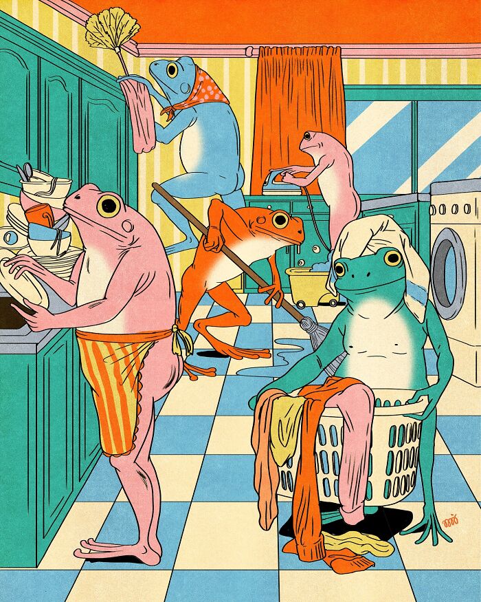 Illustration by María Jesús Contreras of frogs doing household chores in a colorful kitchen setting.