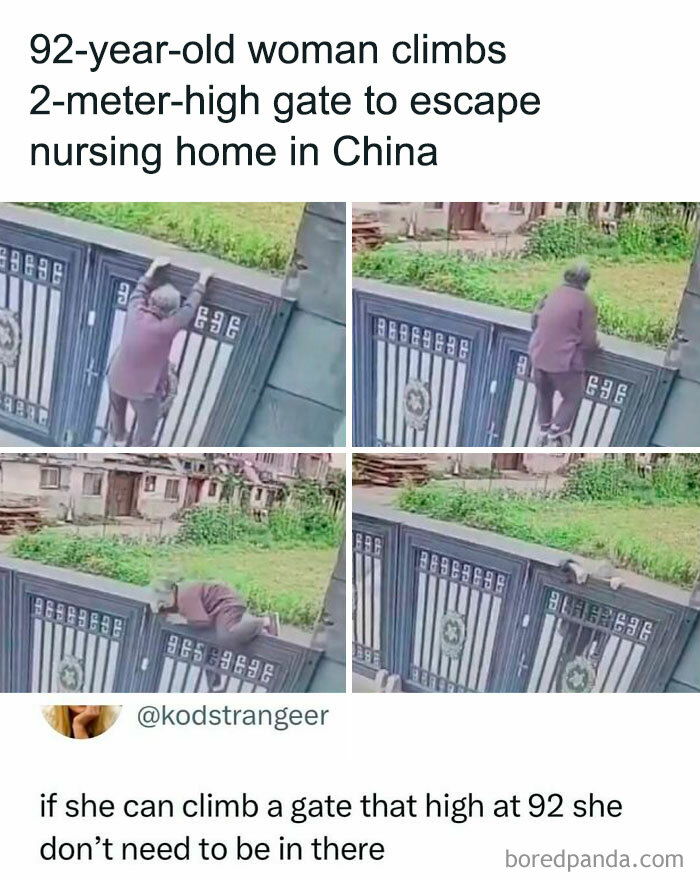 Elderly woman humorously climbs a high gate, creating a hilarious meme moment.