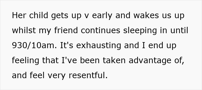 Text about friends being annoyed by early-rising children, describing feelings of exhaustion and resentment.