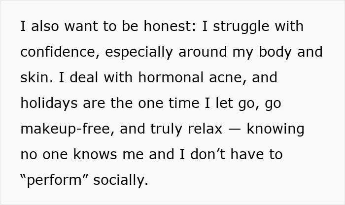 Text revealing an insecure mom's struggles with confidence and desire for a relaxing family vacation.