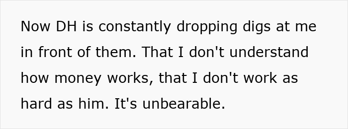 Text discussing a couple's financial disagreement over a mortgage and vacation expenses.