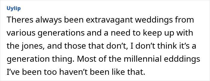 Comment discussing if new generations have ruined the joy of weddings, mentioning extravagant weddings and generational differences.