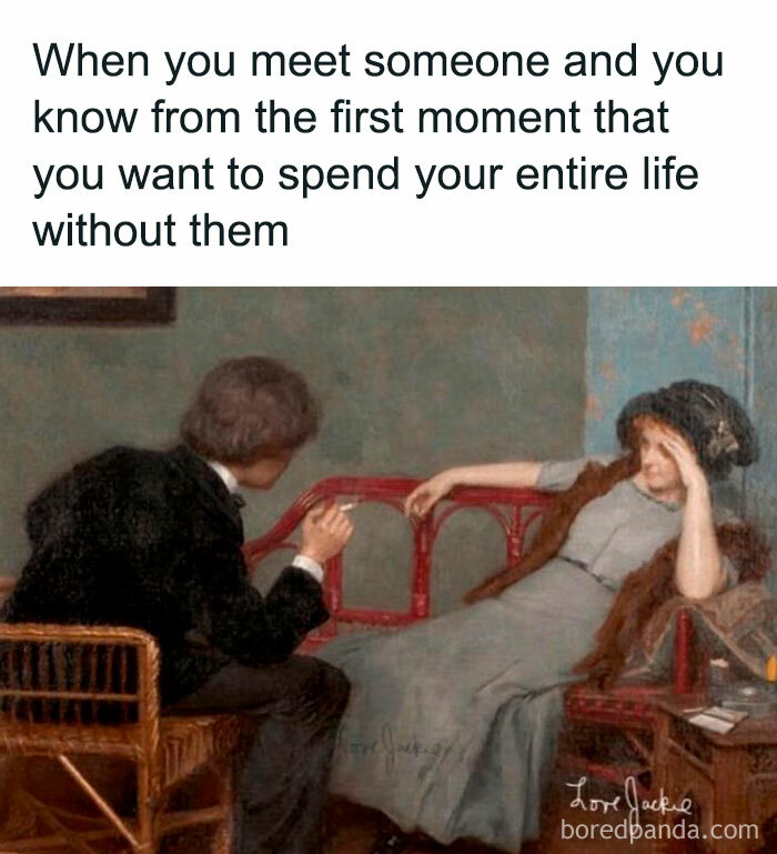 Classical painting meme showing a man talking to a bored woman on a couch.