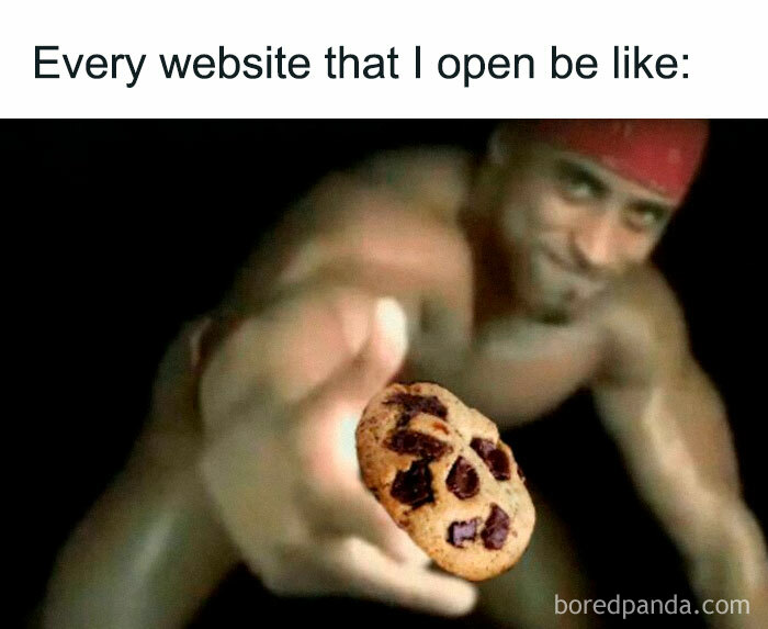 Shirtless man humorously offering a cookie, representing funny memes about website cookie prompts.
