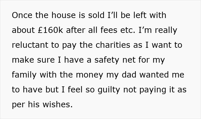 Woman inherits late father's estate, feels guilty for not fulfilling every wish and struggles with family safety net decisions. Woman inherits late father's estate, feels guilty for not fulfilling every wish and struggles with family safety net decisions.