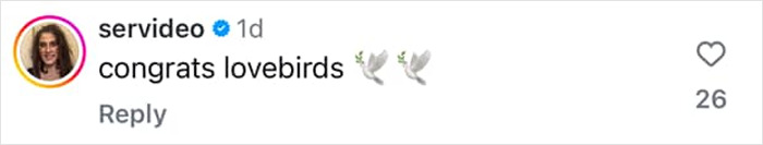 Comment saying "congrats lovebirds" with dove emojis and 26 likes.