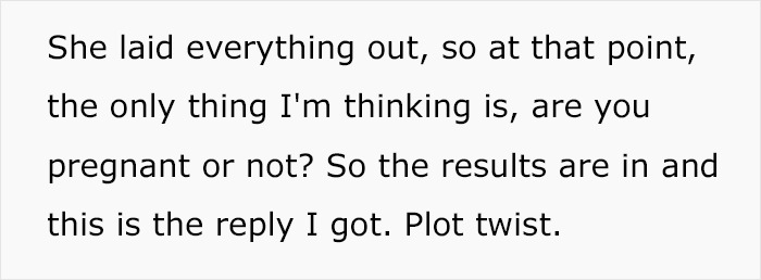 Text on a white background revealing unexpected pregnancy results, hinting at a cheating twist.