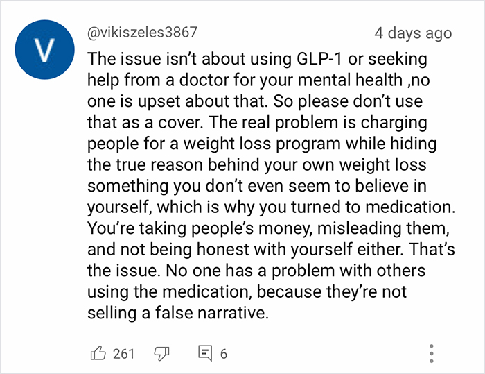 Comment from user criticizing fitness influencer for hiding truth behind weight loss and misleading fans about program results. Comment from user criticizing fitness influencer for hiding truth behind weight loss and misleading fans about program results.